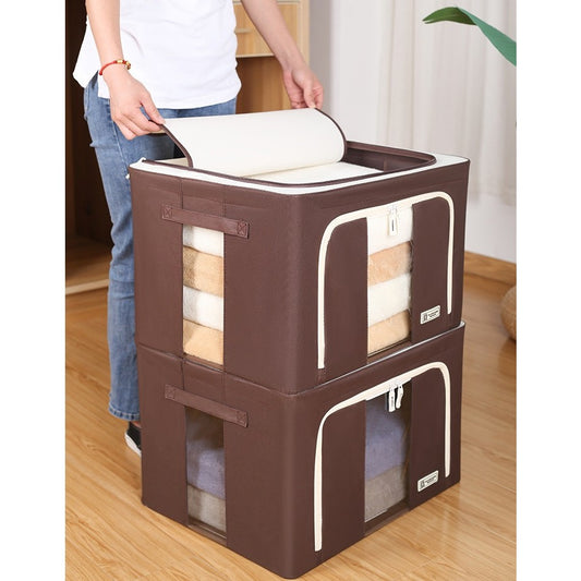Cutie de Depozitare Pliabila, selexmo, Cu Fereastra si Fermoar Dublu, 66 L, Textil Premium, 50x40x33 cm, Cadru Metalic, Impermeabila, Maro