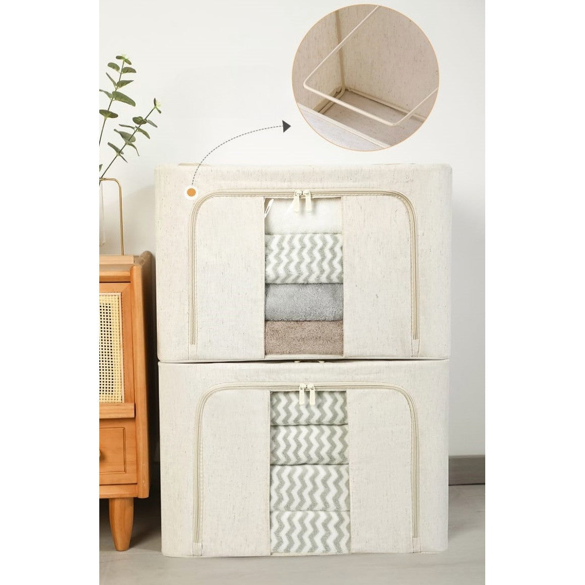 Cutie de Depozitare Pliabila, selexmo, Cu Fereastra si Fermoar Dublu, 66 L, Textil Premium, 50x40x33 cm, Cadru Metalic, Impermeabila, Alb Texturat