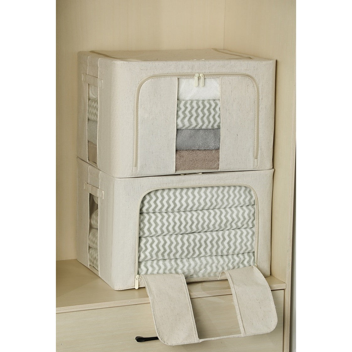 Cutie de Depozitare Pliabila, selexmo, Cu Fereastra si Fermoar Dublu, 66 L, Textil Premium, 50x40x33 cm, Cadru Metalic, Impermeabila, Alb Texturat