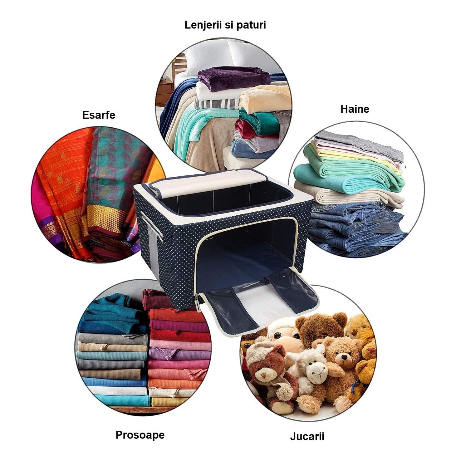 Cutie de Depozitare Pliabila, selexmo, Cu Fermoar, 100 L, Textil, 60x42x40 cm, Albastru Marin, Cadru Metalic, Suport Baza Stabil din Plastic, Imprimeu buline
