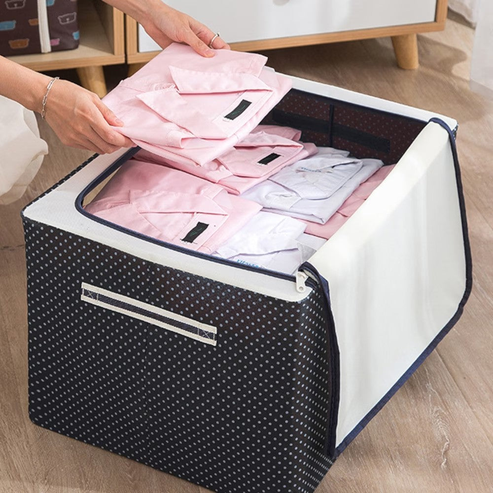 Cutie de Depozitare Pliabila, selexmo, Cu Fermoar, 100 L, Textil, 60x42x40 cm, Albastru Marin, Cadru Metalic, Suport Baza Stabil din Plastic, Imprimeu buline