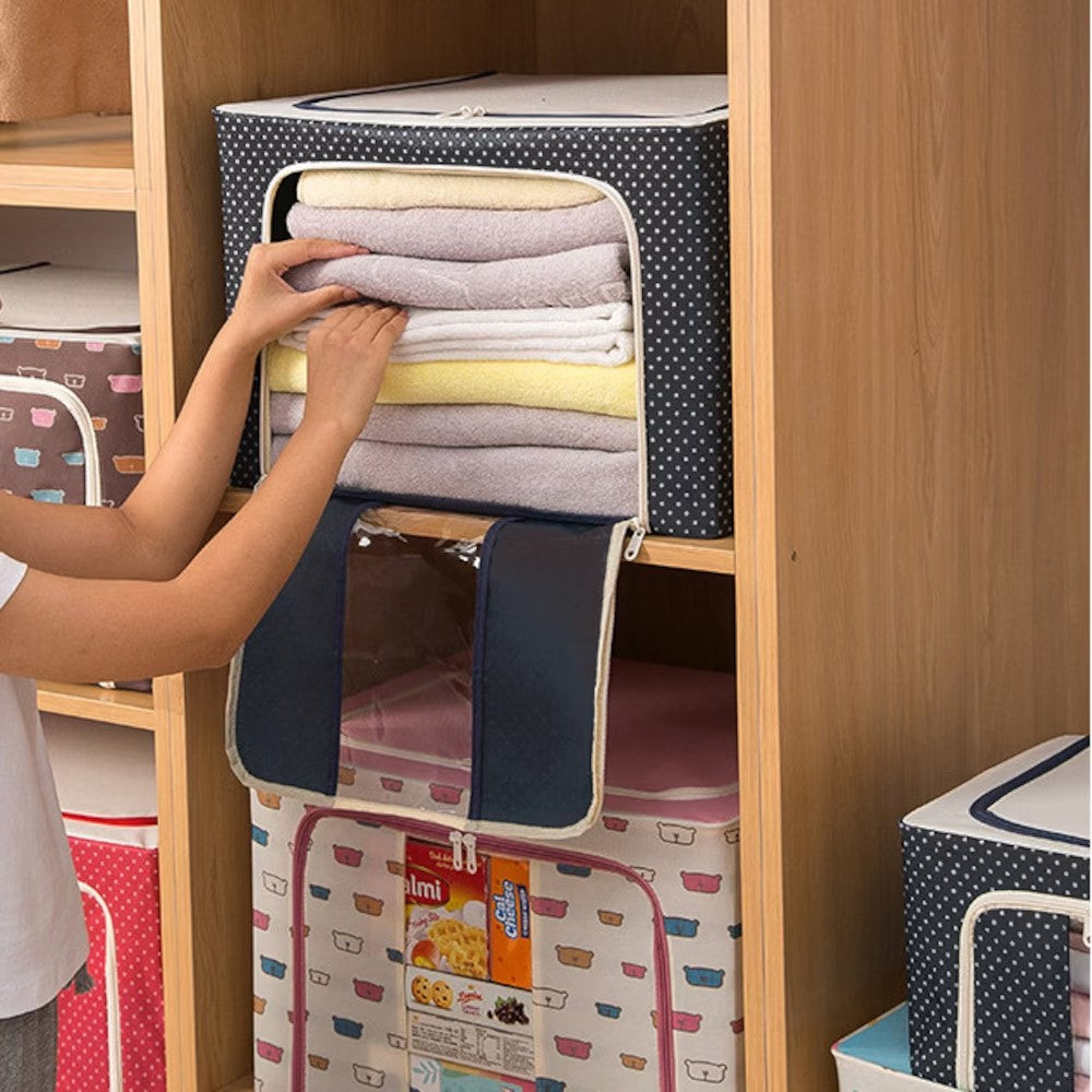 Cutie de Depozitare Pliabila, selexmo, Cu Fermoar, 100 L, Textil, 60x42x40 cm, Albastru Marin, Cadru Metalic, Suport Baza Stabil din Plastic, Imprimeu buline