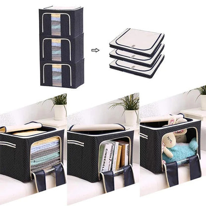 Cutie de Depozitare Pliabila, selexmo, Cu Fermoar, 100 L, Textil, 60x42x40 cm, Albastru Marin, Cadru Metalic, Suport Baza Stabil din Plastic, Imprimeu buline