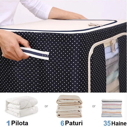 Cutie de Depozitare Pliabila, selexmo, Cu Fermoar, 100 L, Textil, 60x42x40 cm, Albastru Marin, Cadru Metalic, Suport Baza Stabil din Plastic, Imprimeu buline