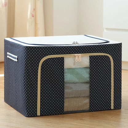 Cutie de Depozitare Pliabila, selexmo, Cu Fermoar, 100 L, Textil, 60x42x40 cm, Albastru Marin, Cadru Metalic, Suport Baza Stabil din Plastic, Imprimeu buline