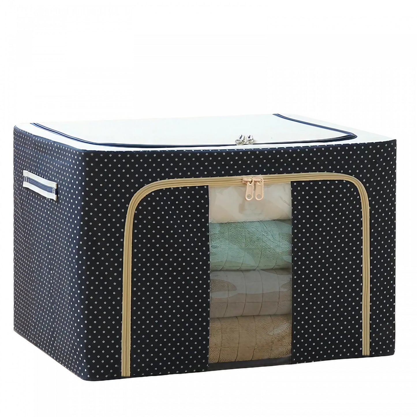 Cutie de Depozitare Pliabila, selexmo, Cu Fermoar, 100 L, Textil, 60x42x40 cm, Albastru Marin, Cadru Metalic, Suport Baza Stabil din Plastic, Imprimeu buline
