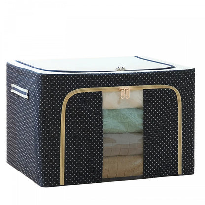 Cutie de Depozitare Pliabila, selexmo, Cu Fermoar, 100 L, Textil, 60x42x40 cm, Albastru Marin, Cadru Metalic, Suport Baza Stabil din Plastic, Imprimeu buline