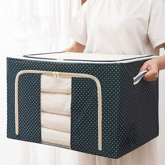 Cutie de Depozitare Pliabila, selexmo, Cu Fermoar, 100 L, Textil, 60x42x40 cm, Albastru Marin, Cadru Metalic, Suport Baza Stabil din Plastic, Imprimeu buline