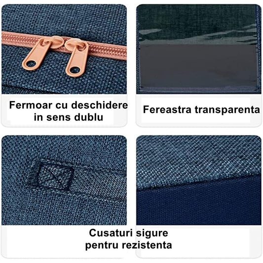 Cutie de Depozitare Pliabila, selexmo, Cu Fermoar, 100 L, Textil, 60x42x40 cm, Cadru Metalic, Suport Baza Stabil din Plastic, Albastru Marin cu Doua Ferestre