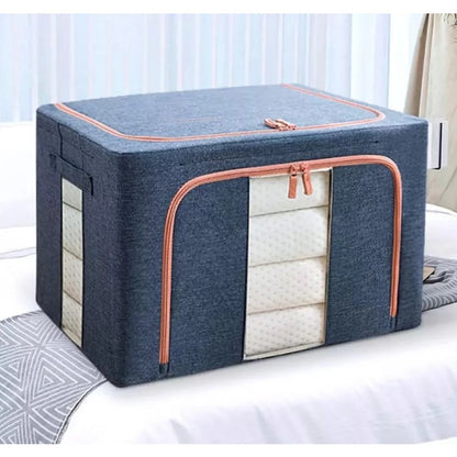 Cutie de Depozitare Pliabila, selexmo, Cu Fermoar, 100 L, Textil, 60x42x40 cm, Cadru Metalic, Suport Baza Stabil din Plastic, Albastru Marin cu Doua Ferestre