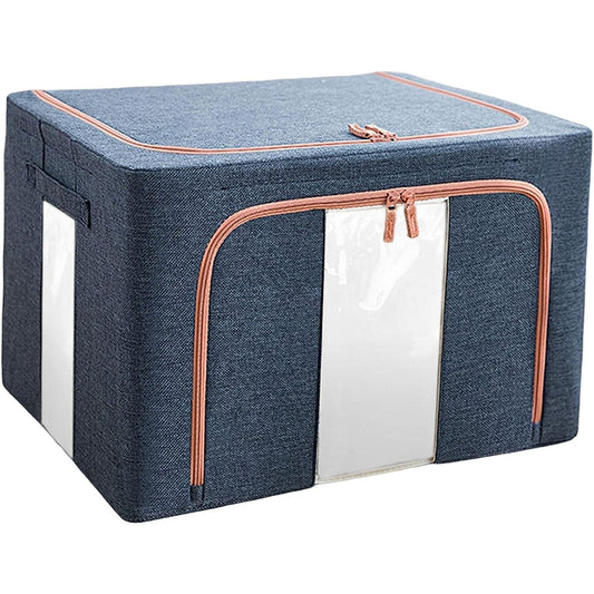 Cutie de Depozitare Pliabila, selexmo, Cu Fermoar, 100 L, Textil, 60x42x40 cm, Cadru Metalic, Suport Baza Stabil din Plastic, Albastru Marin cu Doua Ferestre