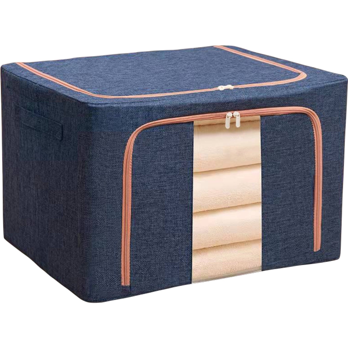 Cutie de depozitare pliabila, selexmo, Cu fermoar, 100 L, Textil, 60x42x40 cm, Cadru Metalic, Suport Baza Stabil din Plastic, Albastru Marin