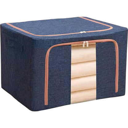 Cutie de depozitare pliabila, selexmo, Cu fermoar, 100 L, Textil, 60x42x40 cm, Cadru Metalic, Suport Baza Stabil din Plastic, Albastru Marin