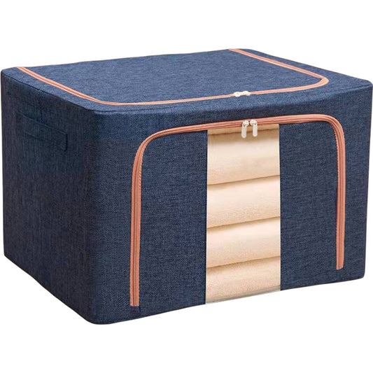 Cutie de depozitare pliabila, selexmo, Cu fermoar, 100 L, Textil, 60x42x40 cm, Cadru Metalic, Suport Baza Stabil din Plastic, Albastru Marin