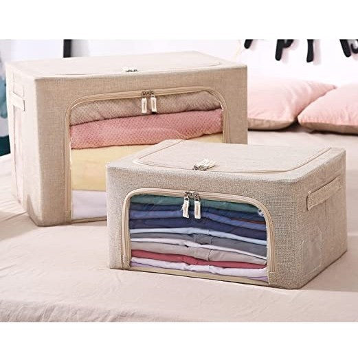 Cutie de depozitare pliabila, selexmo, Cu fermoar, 100 L, Textil, 60x42x40 cm, Cadru Metalic, Suport Baza Stabil din Plastic, Crem cu Doua Ferestre