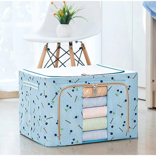 Cutie de Depozitare Pliabila, selexmo, 100 L, din Tesatura Oxford, 60x42x40 cm, Fereastra Frontala, 2 Usi de Acces cu Fermoar Bidirectional, Cadru Metalic, Suport Baza Stabil din Plastic, Imprimeu Cirese, Albastru
