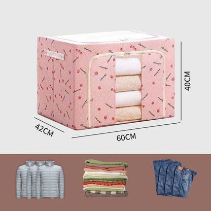 Cutie de Depozitare Pliabila, selexmo, Cu Fermoar, 100 L, Textil, 60x42x40 cm, cu Fereastra, Cadru Metalic, Suport Baza Stabil din Plastic, Imprimeu Cirese, Roz