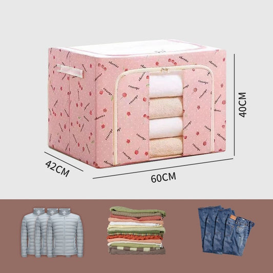 Cutie de Depozitare Pliabila, selexmo, Cu Fermoar, 100 L, Textil, 60x42x40 cm, cu Fereastra, Cadru Metalic, Suport Baza Stabil din Plastic, Imprimeu Cirese, Roz
