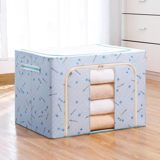 Cutie de Depozitare Pliabila, selexmo, 100 L, din Tesatura Oxford, 60x42x40 cm, Fereastra Frontala, 2 Usi de Acces cu Fermoar Bidirectional, Cadru Metalic, Suport Baza Stabil din Plastic, Imprimeu Cirese, Albastru