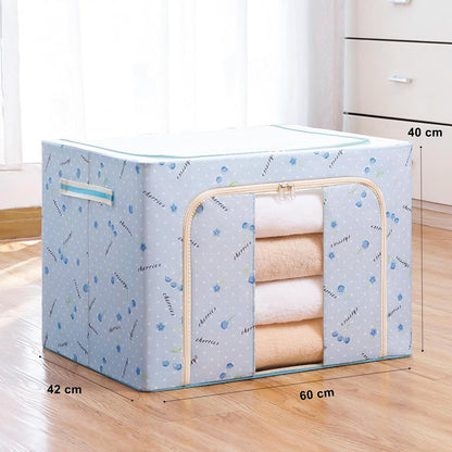 Cutie de Depozitare Pliabila, selexmo, 100 L, din Tesatura Oxford, 60x42x40 cm, Fereastra Frontala, 2 Usi de Acces cu Fermoar Bidirectional, Cadru Metalic, Suport Baza Stabil din Plastic, Imprimeu Cirese, Albastru