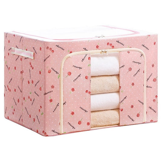 Cutie de Depozitare Pliabila, selexmo, Cu Fermoar, 100 L, Textil, 60x42x40 cm, cu Fereastra, Cadru Metalic, Suport Baza Stabil din Plastic, Imprimeu Cirese, Roz