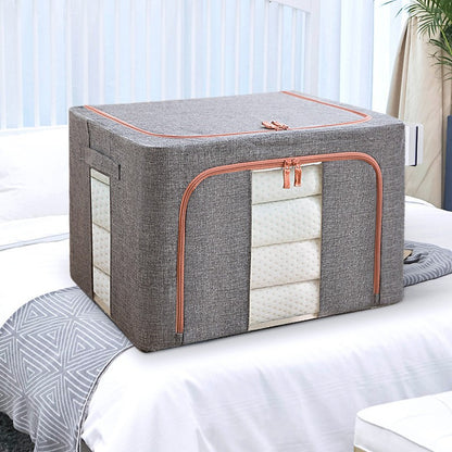 Cutie de depozitare pliabila, selexmo, Cu fermoar, 100 L, Textil, 60x42x40 cm, Cadru Metalic, Suport Baza Stabil din Plastic, Gri, Cu doua ferestre