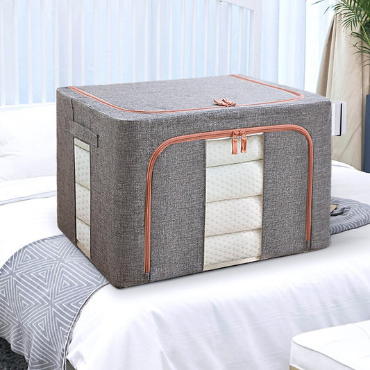 Cutie de depozitare pliabila, selexmo, Cu fermoar, 100 L, Textil, 60x42x40 cm, Cadru Metalic, Suport Baza Stabil din Plastic, Gri, Cu doua ferestre