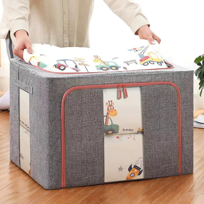 Cutie de depozitare pliabila, selexmo, Cu fermoar, 100 L, Textil, 60x42x40 cm, Cadru Metalic, Suport Baza Stabil din Plastic, Gri, Cu doua ferestre
