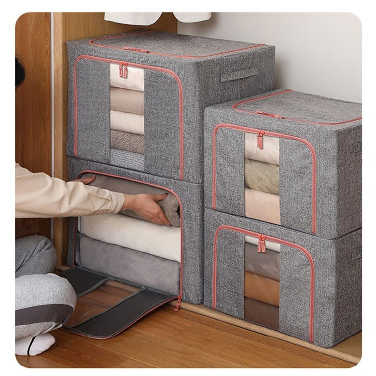 Cutie de depozitare pliabila, selexmo, Cu fermoar, 100 L, Textil, 60x42x40 cm, Cadru Metalic, Suport Baza Stabil din Plastic, Gri, Cu doua ferestre