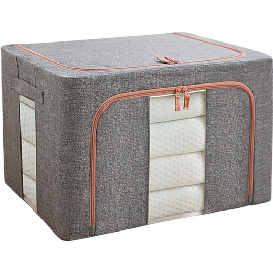 Cutie de depozitare pliabila, selexmo, Cu fermoar, 100 L, Textil, 60x42x40 cm, Cadru Metalic, Suport Baza Stabil din Plastic, Gri, Cu doua ferestre