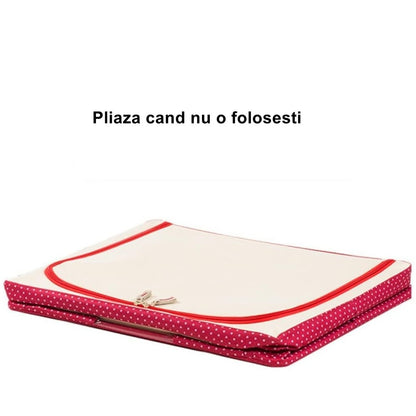 Cutie de Depozitare Pliabila, selexmo, cu Fermoar, 100 L, Textil, 60x42x40 cm, O Fereastra, Cadru Metalic, Suport Baza Stabil din Plastic, imprimeu punctat, Rosu