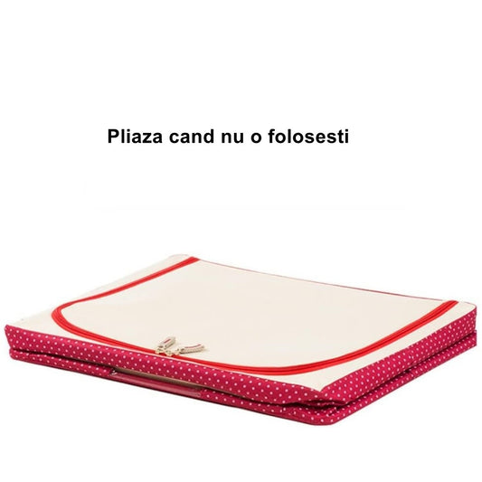 Cutie de Depozitare Pliabila, selexmo, cu Fermoar, 100 L, Textil, 60x42x40 cm, O Fereastra, Cadru Metalic, Suport Baza Stabil din Plastic, imprimeu punctat, Rosu