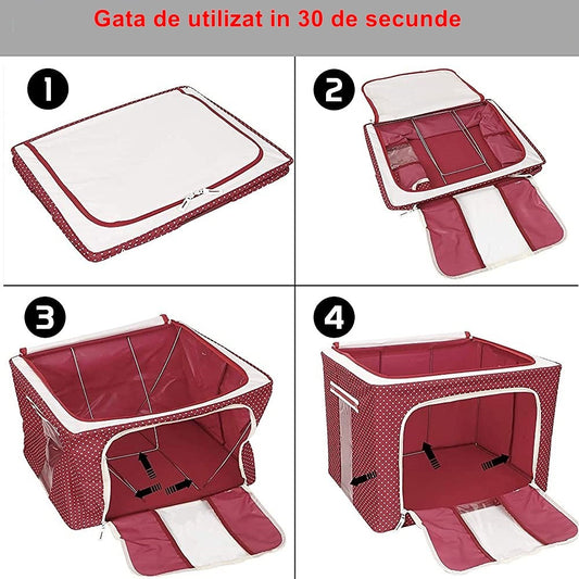 Cutie de Depozitare Pliabila, selexmo, cu Fermoar, 100 L, Textil, 60x42x40 cm, O Fereastra, Cadru Metalic, Suport Baza Stabil din Plastic, imprimeu punctat, Rosu