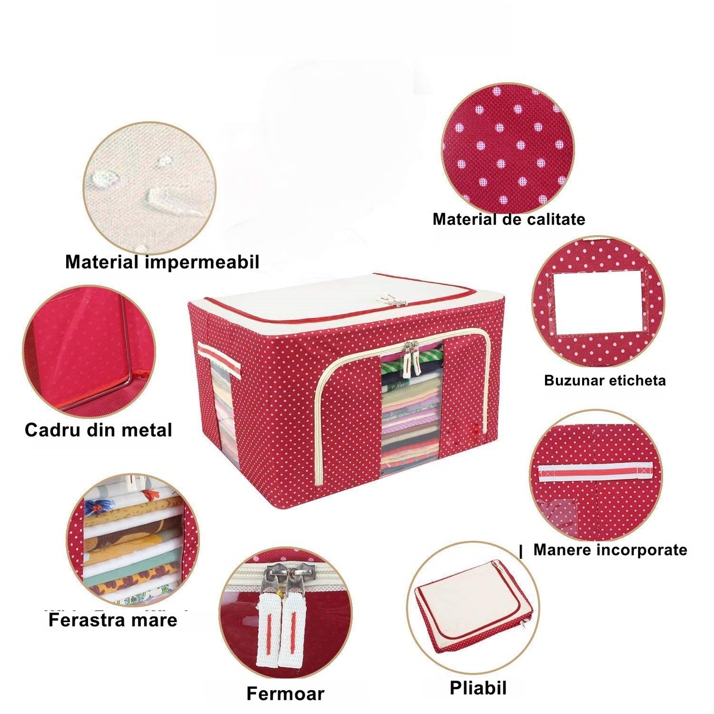 Cutie de Depozitare Pliabila, selexmo, cu Fermoar, 100 L, Textil, 60x42x40 cm, O Fereastra, Cadru Metalic, Suport Baza Stabil din Plastic, imprimeu punctat, Rosu