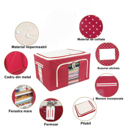 Cutie de Depozitare Pliabila, selexmo, cu Fermoar, 100 L, Textil, 60x42x40 cm, O Fereastra, Cadru Metalic, Suport Baza Stabil din Plastic, imprimeu punctat, Rosu