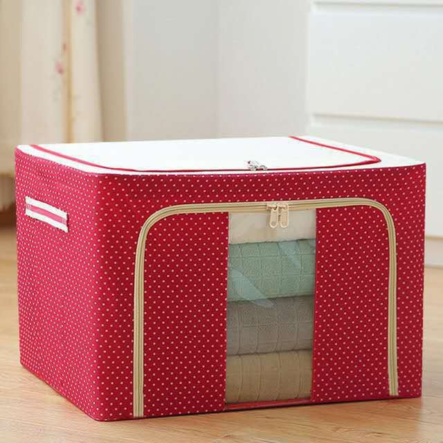 Cutie de Depozitare Pliabila, selexmo, cu Fermoar, 100 L, Textil, 60x42x40 cm, O Fereastra, Cadru Metalic, Suport Baza Stabil din Plastic, imprimeu punctat, Rosu