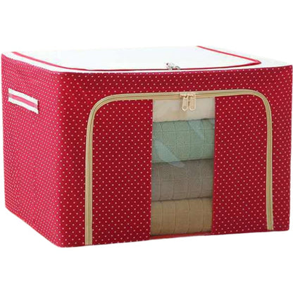 Cutie de Depozitare Pliabila, selexmo, cu Fermoar, 100 L, Textil, 60x42x40 cm, O Fereastra, Cadru Metalic, Suport Baza Stabil din Plastic, imprimeu punctat, Rosu
