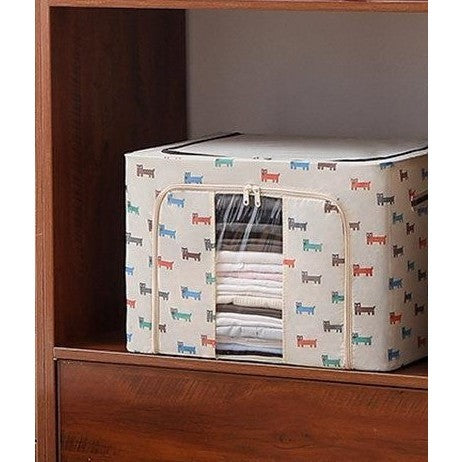 Cutie de Depozitare Pliabila, selexmo, 24 L, Panza Oxford, 40x30x20 cm, Fereastra Frontala, 2 Usi de Acces cu Fermoar Bidirectional, Cadru Metalic, Suport Baza Stabil din Plastic, Imprimeu Catelus, Bej