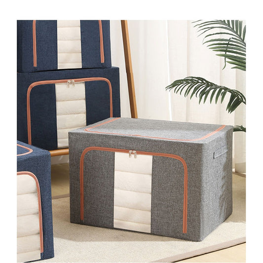 Cutie de Depozitare Pliabila, selexmo, 24 L, din Bumbac si In, 40x30x20 cm, Fereastra Frontala, 2 Usi de Acces cu Fermoar Bidirectional, Cadru Metalic, Suport Baza Stabil din Plastic, Gri