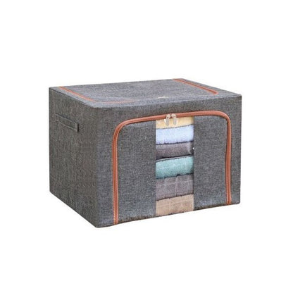 Cutie de Depozitare Pliabila, selexmo, 24 L, din Bumbac si In, 40x30x20 cm, Fereastra Frontala, 2 Usi de Acces cu Fermoar Bidirectional, Cadru Metalic, Suport Baza Stabil din Plastic, Gri