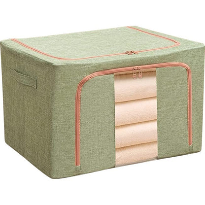 Cutie de Depozitare Pliabila, selexmo, 24 L, din Bumbac si In, 40x30x20 cm, Fereastra Frontala, 2 Usi de Acces cu Fermoar Bidirectional, Cadru Metalic, Suport Baza Stabil din Plastic, Verde