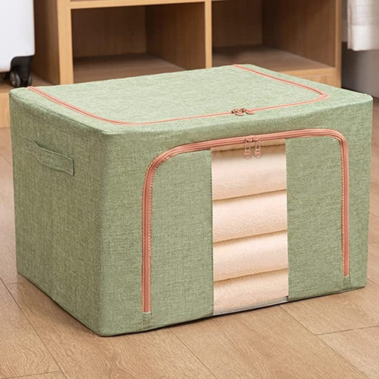 Cutie de Depozitare Pliabila, selexmo, 24 L, din Bumbac si In, 40x30x20 cm, Fereastra Frontala, 2 Usi de Acces cu Fermoar Bidirectional, Cadru Metalic, Suport Baza Stabil din Plastic, Verde