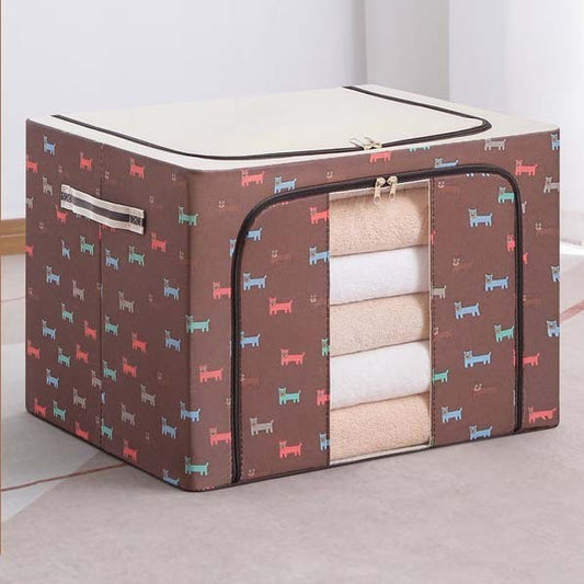 Cutie de Depozitare Pliabila, selexmo, 24 L, Panza Oxford, 40x30x20 cm, Fereastra Frontala, 2 Usi de Acces cu Fermoar Bidirectional, Cadru Metalic, Suport Baza Stabil din Plastic, Imprimeu Catelus, Maro/Bej