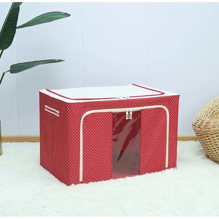 Cutie de Depozitare Pliabila, selexmo, 24 L, Panza Oxford, 40x30x20 cm, Fereastra Frontala, 2 Usi de Acces cu Fermoar Bidirectional, Cadru Metalic, Suport Baza Stabil din Plastic, Imprimeu Buline, Rosu