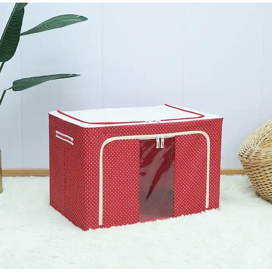 Cutie de Depozitare Pliabila, selexmo, 24 L, Panza Oxford, 40x30x20 cm, Fereastra Frontala, 2 Usi de Acces cu Fermoar Bidirectional, Cadru Metalic, Suport Baza Stabil din Plastic, Imprimeu Buline, Rosu