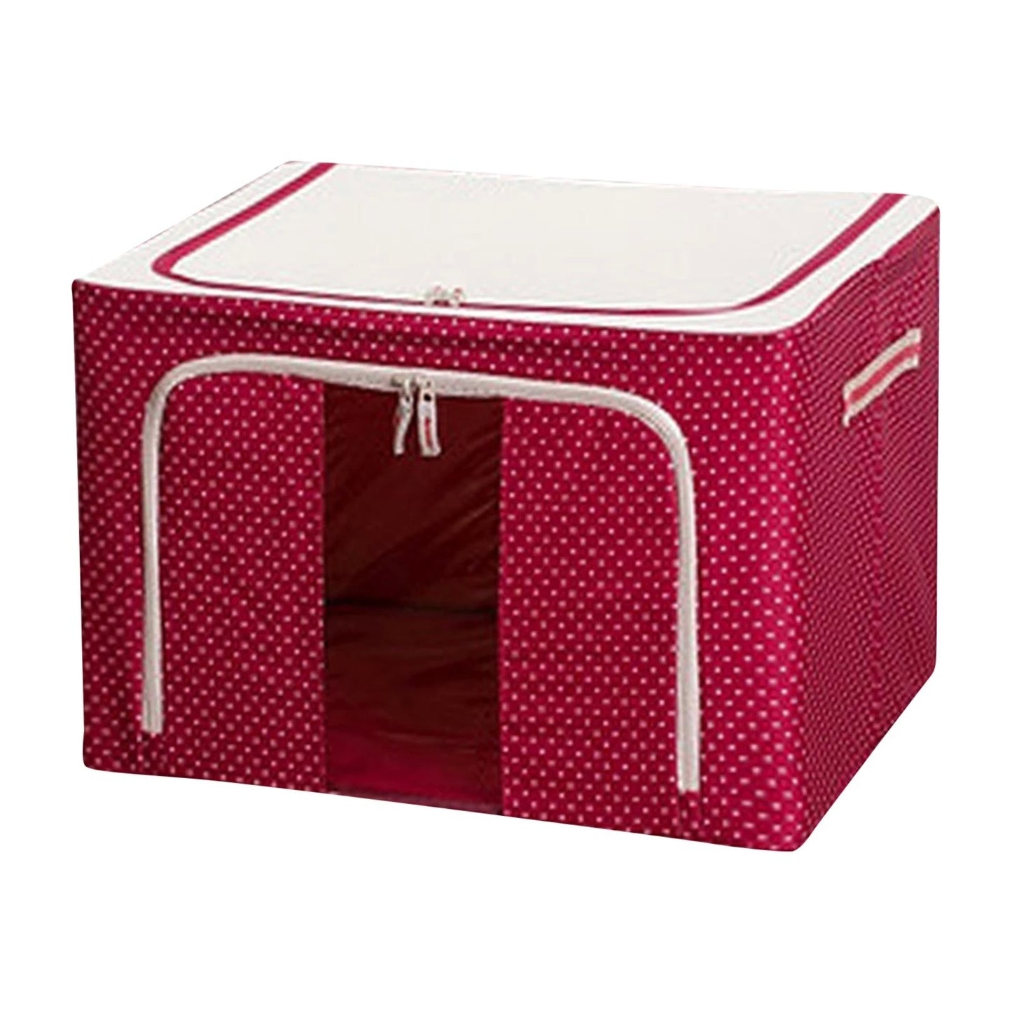 Cutie de Depozitare Pliabila, selexmo, 24 L, Panza Oxford, 40x30x20 cm, Fereastra Frontala, 2 Usi de Acces cu Fermoar Bidirectional, Cadru Metalic, Suport Baza Stabil din Plastic, Imprimeu Buline, Rosu