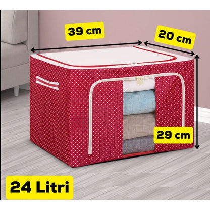 Cutie de Depozitare Pliabila, selexmo, 24 L, Panza Oxford, 40x30x20 cm, Fereastra Frontala, 2 Usi de Acces cu Fermoar Bidirectional, Cadru Metalic, Suport Baza Stabil din Plastic, Imprimeu Buline, Rosu