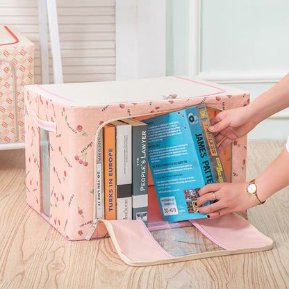 Cutie de Depozitare Pliabila, selexmo, 24 L, Panza Oxford, 40x30x20 cm, Fereastra Frontala, 2 Usi de Acces cu Fermoar Bidirectional, Cadru Metalic, Suport Baza Stabil din Plastic, Imprimeu Cirese, Roz