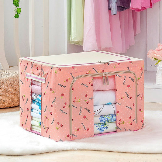 Cutie de Depozitare Pliabila, selexmo, 24 L, Panza Oxford, 40x30x20 cm, Fereastra Frontala, 2 Usi de Acces cu Fermoar Bidirectional, Cadru Metalic, Suport Baza Stabil din Plastic, Imprimeu Cirese, Roz