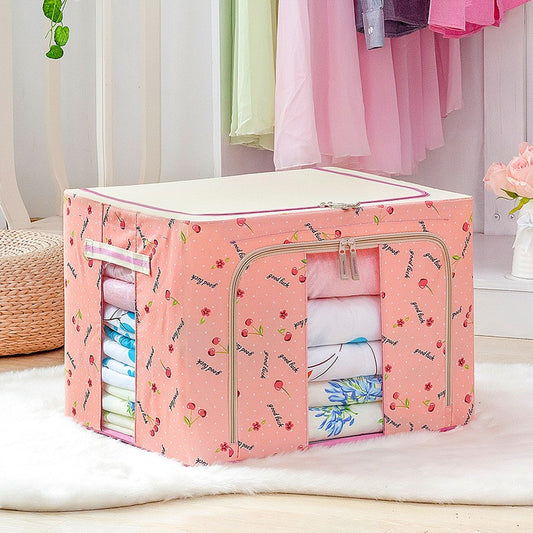 Cutie de Depozitare Pliabila, selexmo, 24 L, Panza Oxford, 40x30x20 cm, Fereastra Frontala, 2 Usi de Acces cu Fermoar Bidirectional, Cadru Metalic, Suport Baza Stabil din Plastic, Imprimeu Cirese, Roz